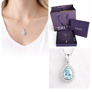Zales Blue Topaz & Diamond Halo Teardrop Necklace Sterling Silver/Gift Box